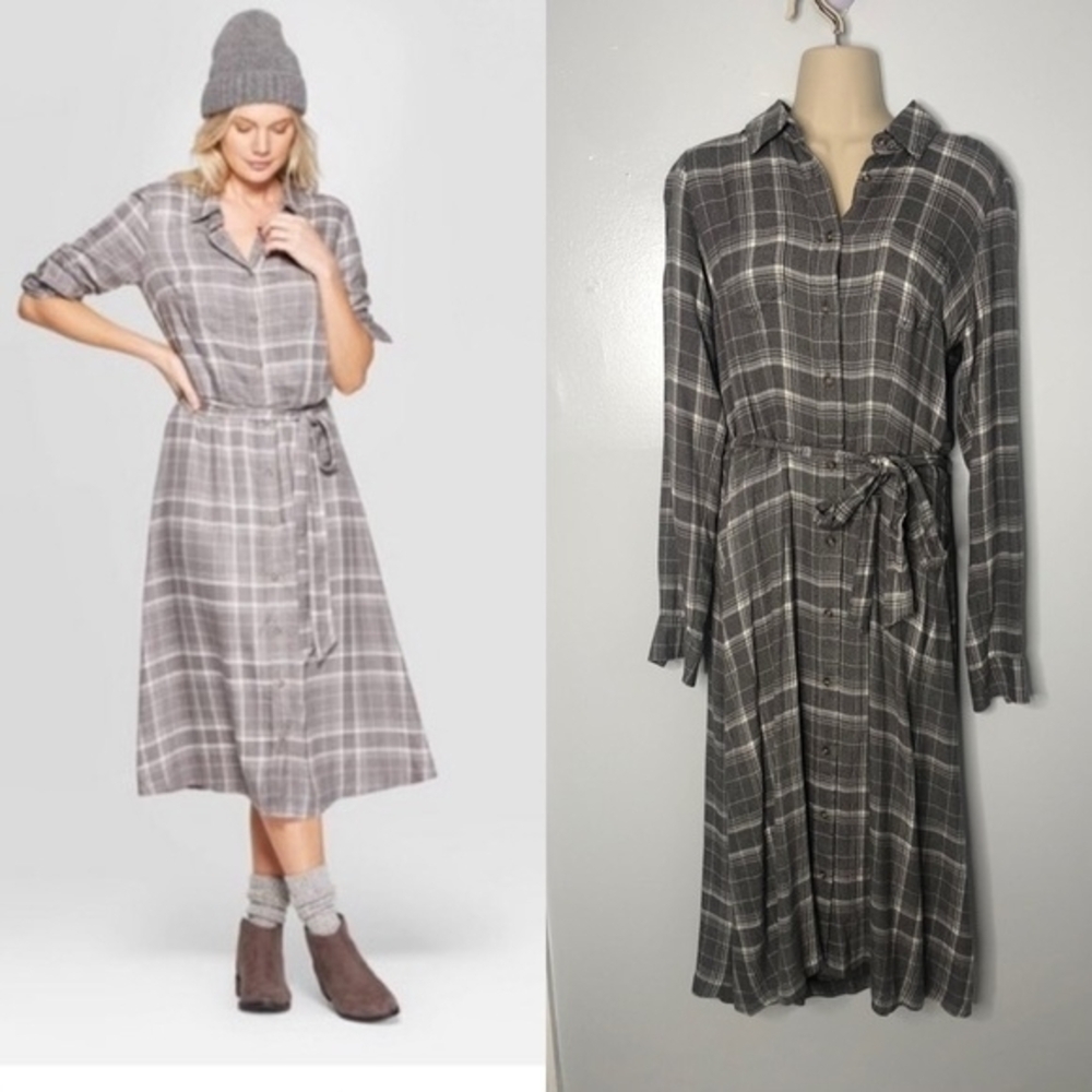 Universal Thread gray and white plaid flannel button-down shirt dress